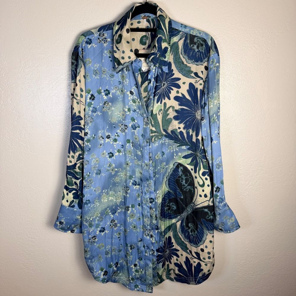 New $128 Free People Spring Blue Butterfly Combo Floral Button Down Shirt Boho